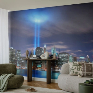 Fotomural Premium Sand - Panorama de la ciudad iluminada por la noche con dos rayos luminosos - 100x70cm - Con luz para alcanzar el cielo - Decoración de pared moderna para salón y dormitorio ARTTOR
