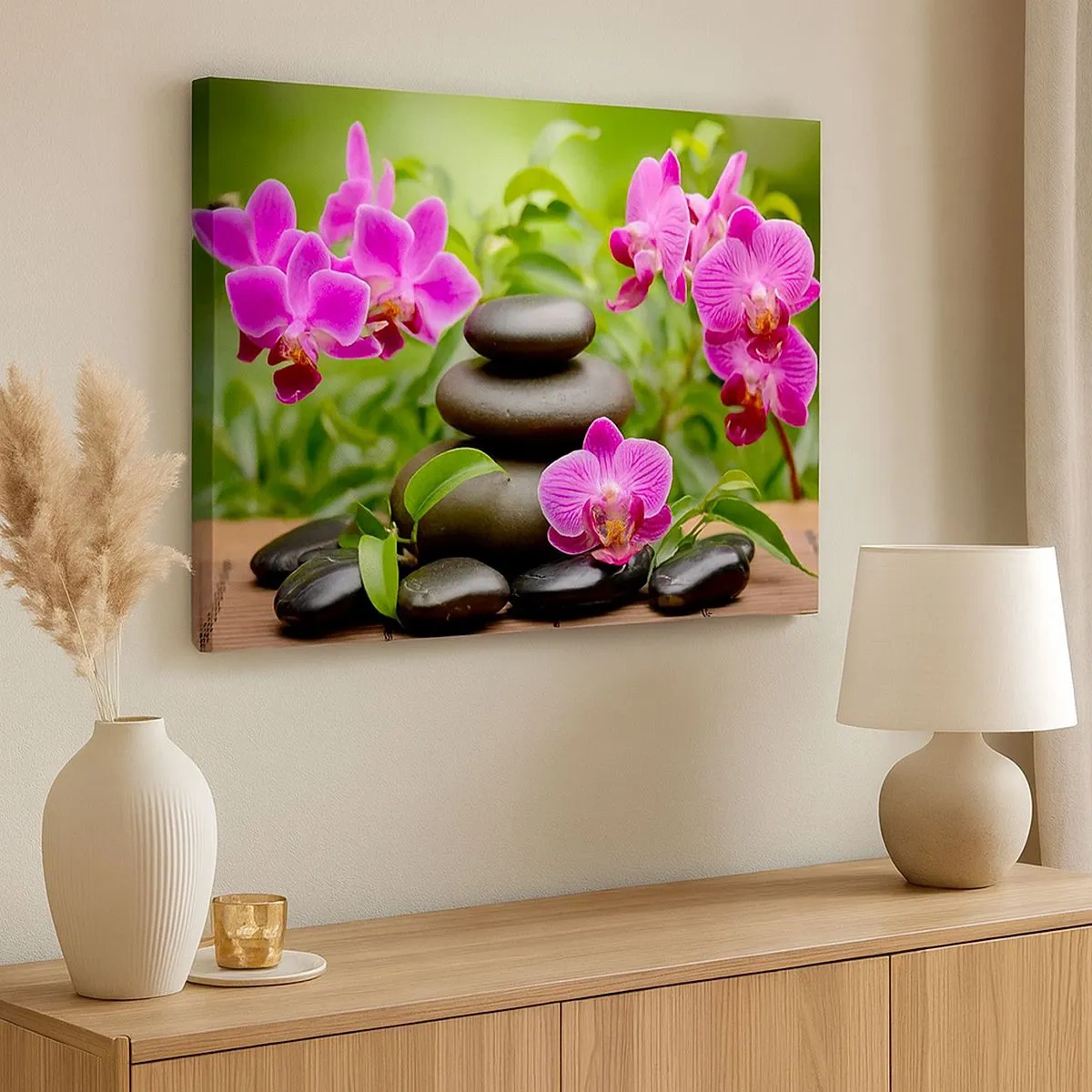 Cuadro sobre lienzo - Impresión de Imagen - Orquídeas rosas con piedras sobre un fondo verde. - 70x50cm - Una pirámide de paz - Decoración de pared moderna para salón y dormitorio ARTTOR