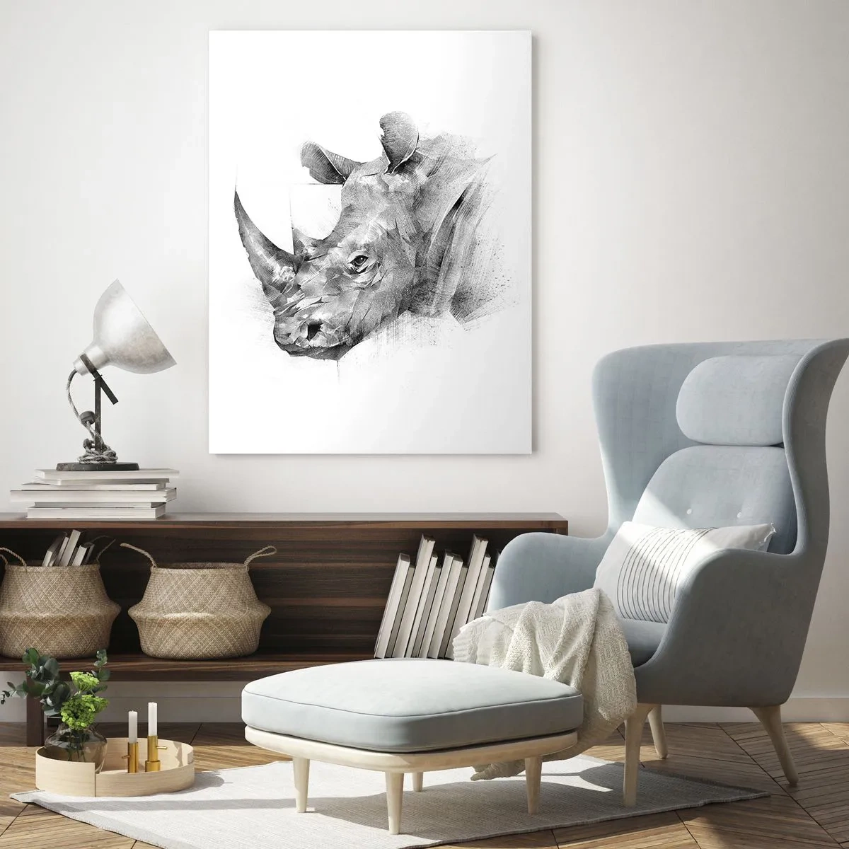 Cuadro sobre vidrio - Impresiones sobre Vidrio - Retrato en blanco y negro de un rinoceronte en un enfoque artístico. - 50x70cm - Retrato africano - Decoración de pared moderna para salón y dormitorio ARTTOR