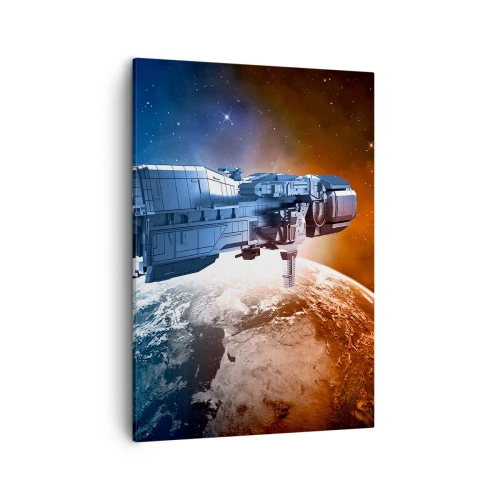 Cuadro sobre lienzo - Impresión de Imagen - Una nave espacial con un planeta en el espacio como telón de fondo. - 50x70cm - Un observador atento - Decoración de pared moderna para salón y dormitorio ARTTOR
