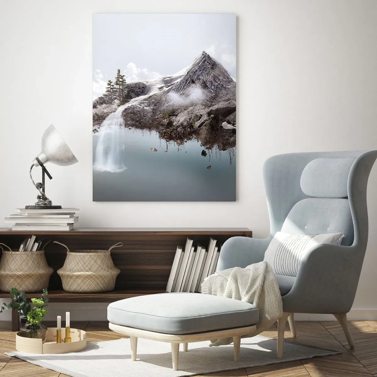 Cuadro sobre vidrio - Impresiones sobre Vidrio - Una montaña surrealista flotando en las nubes con una cascada. - 80x120cm - Isla surrealista - Decoración de pared moderna para salón y dormitorio ARTTOR