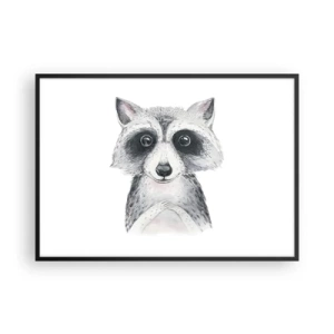 Póster en marco negro - Adorable retrato de un mapache sobre un fondo blanco. - 100x70cm - Un momento para la emoción - Decoración de pared moderna para salón y dormitorio ARTTOR