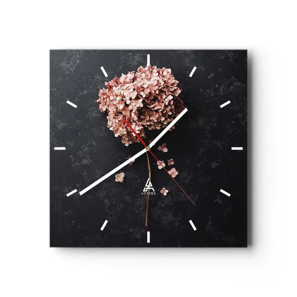 Reloj de pared - Reloj de vidrio - Una delicada flor de hortensia sobre un fondo oscuro. - 30x30cm - Un signo verdaderamente romántico - Decoración de pared moderna para salón y dormitorio ARTTOR