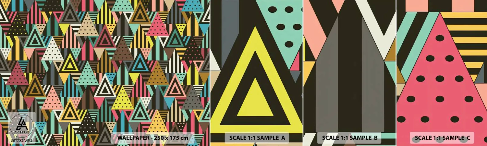 Muestra de fotomural autoadhesivo Deluxe Sticker - A ritmo de triángulo - Abstracción, Pedazo, triangulos - 100x30 cm
