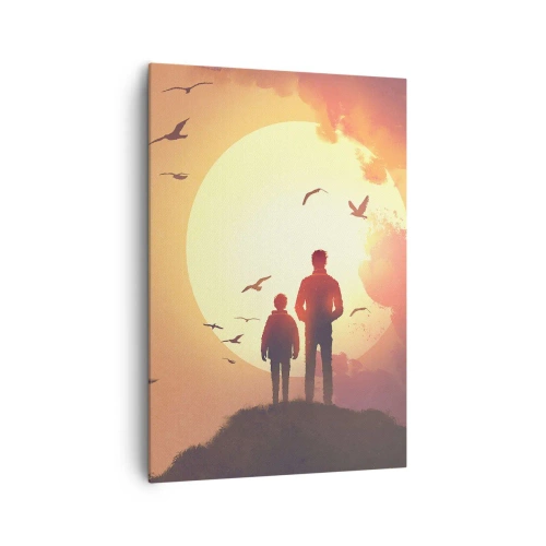 Cuadro sobre lienzo - Impresión de Imagen - Figuras con el sol poniente como telón de fondo - 70x100cm - Cara a cara con el sol - Decoración de pared moderna para salón y dormitorio ARTTOR