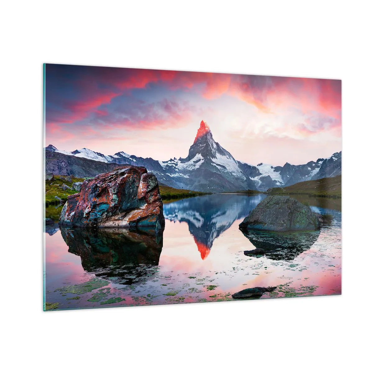 Cuadro sobre vidrio - Impresiones sobre Vidrio - Un pico de montaña reflejado en la tranquila superficie de un lago al atardecer. - 100x70cm - El corazón de las montañas arde - Decoración de pared moderna para salón y dormitorio ARTTOR