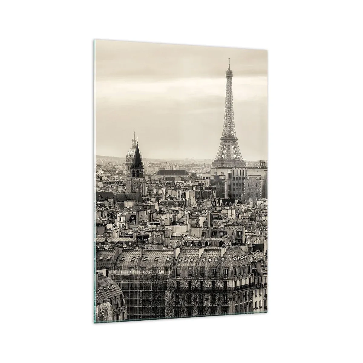 Cuadro sobre vidrio - Impresiones sobre Vidrio - Panorama de París con la Torre Eiffel en tonos sepia - 70x100cm - Sobre los tejados de París - Decoración de pared moderna para salón y dormitorio ARTTOR
