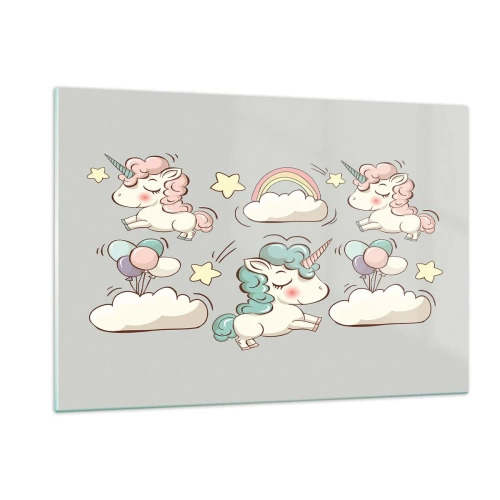 Cuadro sobre vidrio - Impresiones sobre Vidrio - Lindos unicornios en las nubes con un arcoíris y globos. - 120x80cm - Estoy seguro de que existen - Decoración de pared moderna para salón y dormitorio ARTTOR