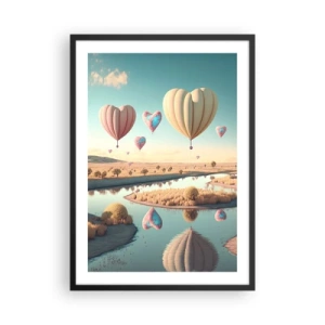 Póster en marco negro - Globos en forma de corazón flotando sobre el paisaje. - 50x70cm - El amor te hace volar - Decoración de pared moderna para salón y dormitorio ARTTOR
