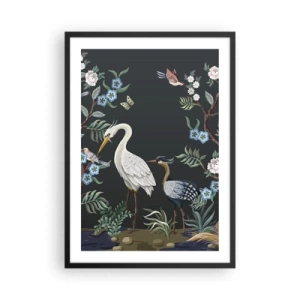 Póster en marco negro - Ilustración de pájaros entre flores sobre un fondo oscuro - 50x70cm - Desfile de aves - Decoración de pared moderna para salón y dormitorio ARTTOR