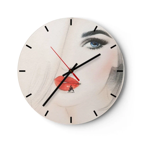 Reloj de pared - Reloj de vidrio - Retrato artístico de una mujer con labios rojos y ojos azules. - 30x30cm - Hipnotiza y embriaga - Decoración de pared moderna para salón, cocina y dormitorio ARTTOR