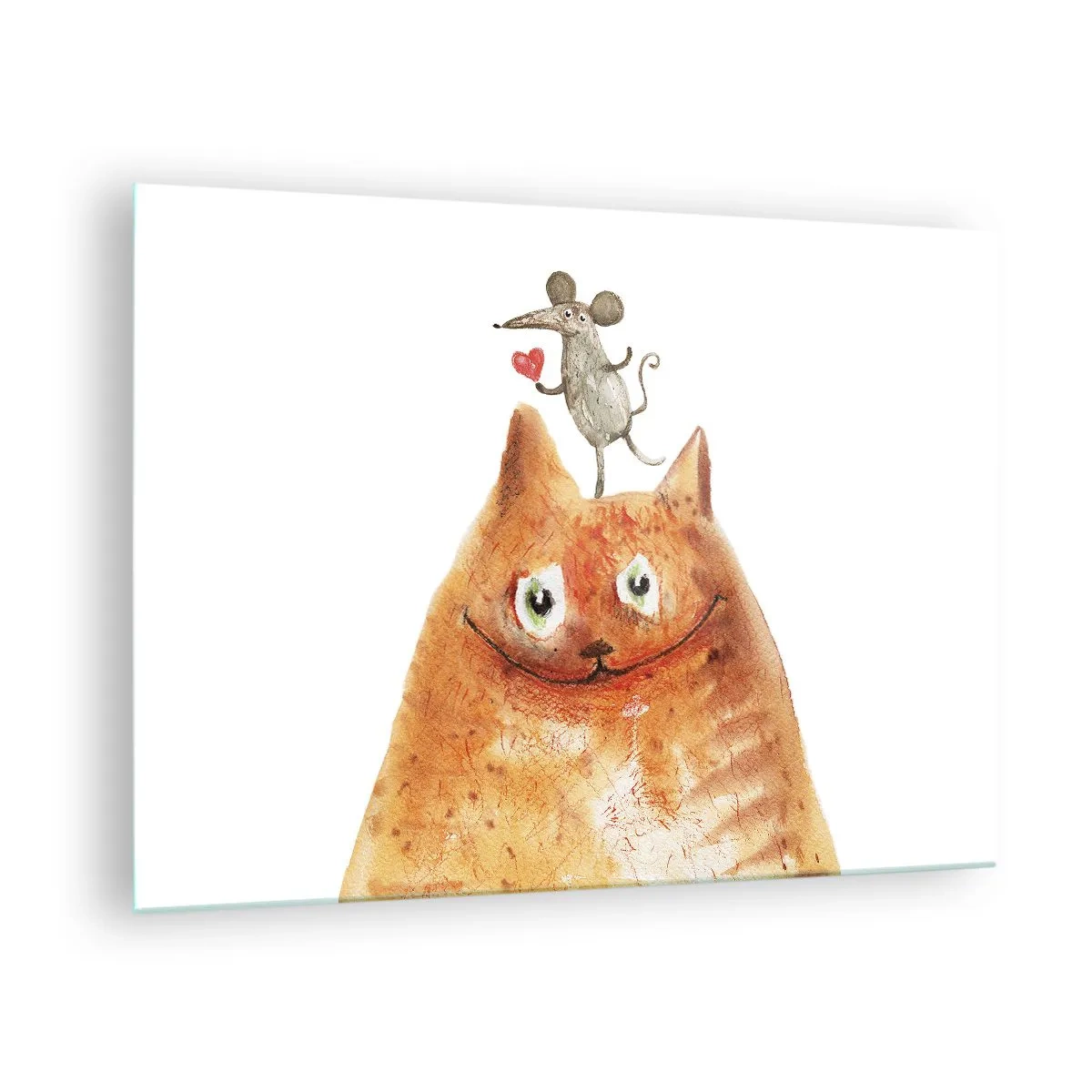 Cuadro sobre vidrio - Impresiones sobre Vidrio - Un gato con un ratón en la cabeza en estilo humorístico. - 70x50cm - Paradojas del amor - Decoración de pared moderna para salón y dormitorio ARTTOR