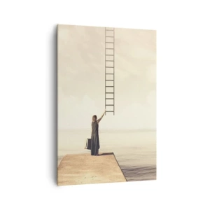Cuadro sobre lienzo - Impresión de Imagen - Una mujer parada en un muelle con una escalera que conduce al cielo. - 70x100cm - Un viaje mágico - Decoración de pared moderna para salón y dormitorio ARTTOR