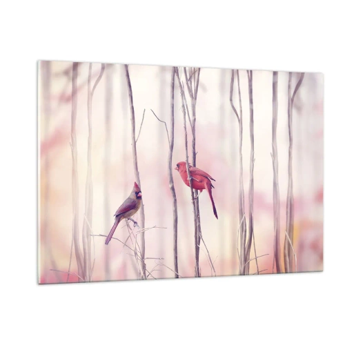 Cuadro sobre vidrio - Impresiones sobre Vidrio - Dos pájaros entre delicadas ramitas en tonos pastel - 120x80cm - Historia de un bosque rosa - Decoración de pared moderna para salón y dormitorio ARTTOR