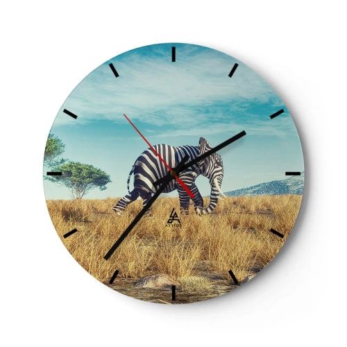 Reloj de pared - Reloj de vidrio - Un elefante con rayas de cebra blancas y negras en la sabana. - 30x30cm - El gris ya no está de moda - Decoración de pared moderna para salón, cocina y dormitorio ARTTOR