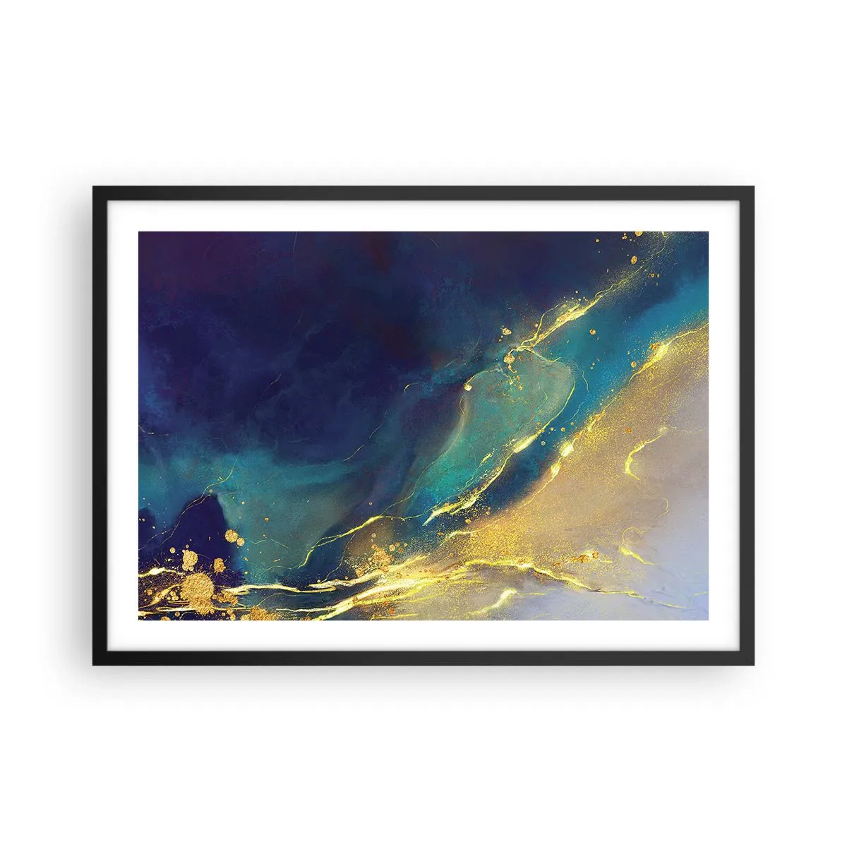 Póster en marco negro - Composición abstracta en tonos azules y dorados sobre lienzo. - 70x50cm - Inundación dorada - Decoración de pared moderna para salón y dormitorio ARTTOR