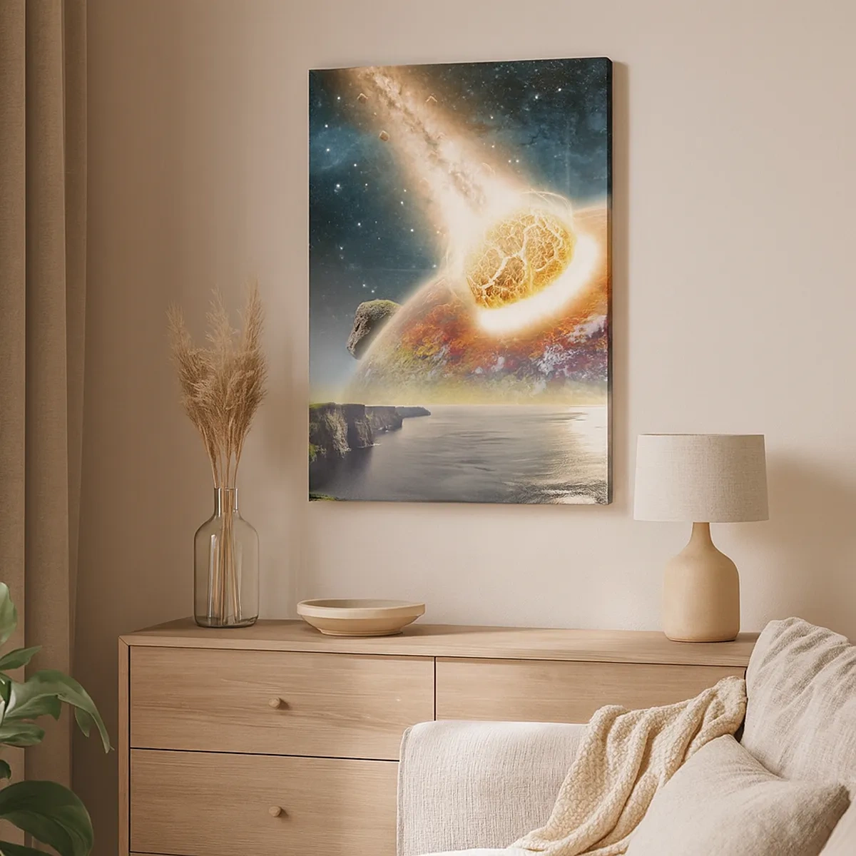 Cuadro sobre lienzo - Impresión de Imagen - Un meteorito choca con un planeta en un paisaje cósmico. - 50x70cm - Drama cósmico - Decoración de pared moderna para salón y dormitorio ARTTOR