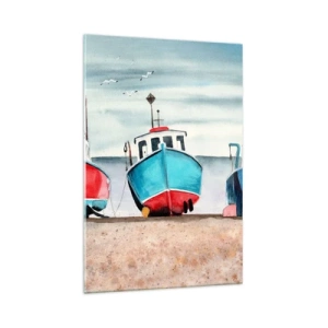 Cuadro sobre vidrio - Impresiones sobre Vidrio - Coloridos barcos de pesca en la orilla en un paisaje marino - 70x100cm - Listos para la pesca - Decoración de pared moderna para salón y dormitorio ARTTOR