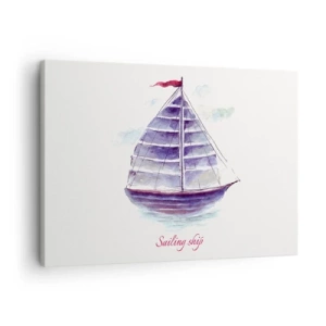 Cuadro sobre lienzo - Impresión de Imagen - Una pintura de acuarela de un velero en el agua con una delicada inscripción. - 70x50cm - Velas izadas y aguas tranquilas - Decoración de pared moderna para salón y dormitorio ARTTOR