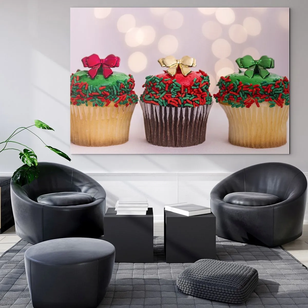 Cuadro sobre vidrio - Impresiones sobre Vidrio - Cupcakes navideños con adornos de lazo - 100x70cm - Dulzura hasta el lazo - Decoración de pared moderna para salón y dormitorio ARTTOR