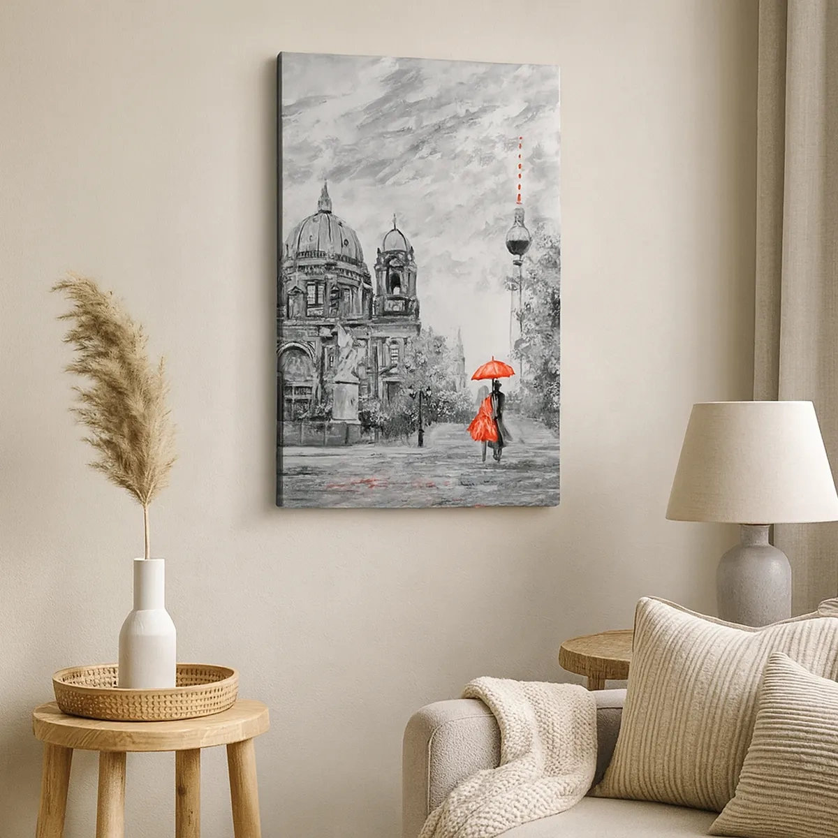 Cuadro sobre lienzo - Impresión de Imagen - Escena en blanco y negro con Berlín, un paraguas rojo y un árbol. - 50x70cm - Reunión en Berlín - Decoración de pared moderna para salón y dormitorio ARTTOR