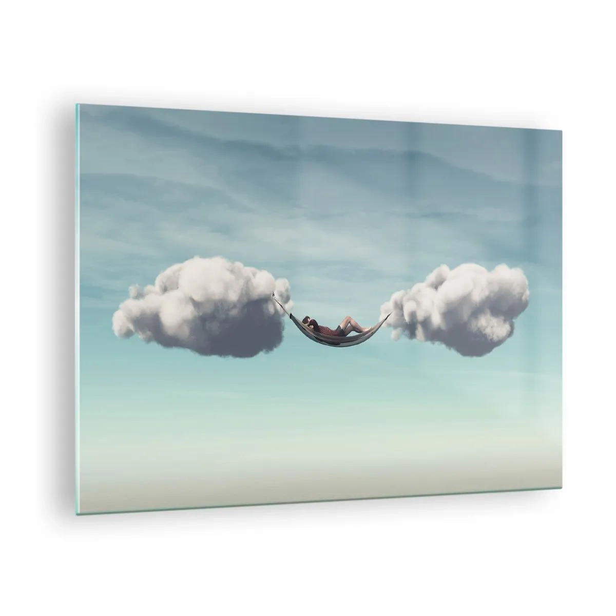 Cuadro sobre vidrio - Impresiones sobre Vidrio - Hamacas de nubes en un cielo azul - 70x50cm - La felicidad del momento - Decoración de pared moderna para salón y dormitorio ARTTOR