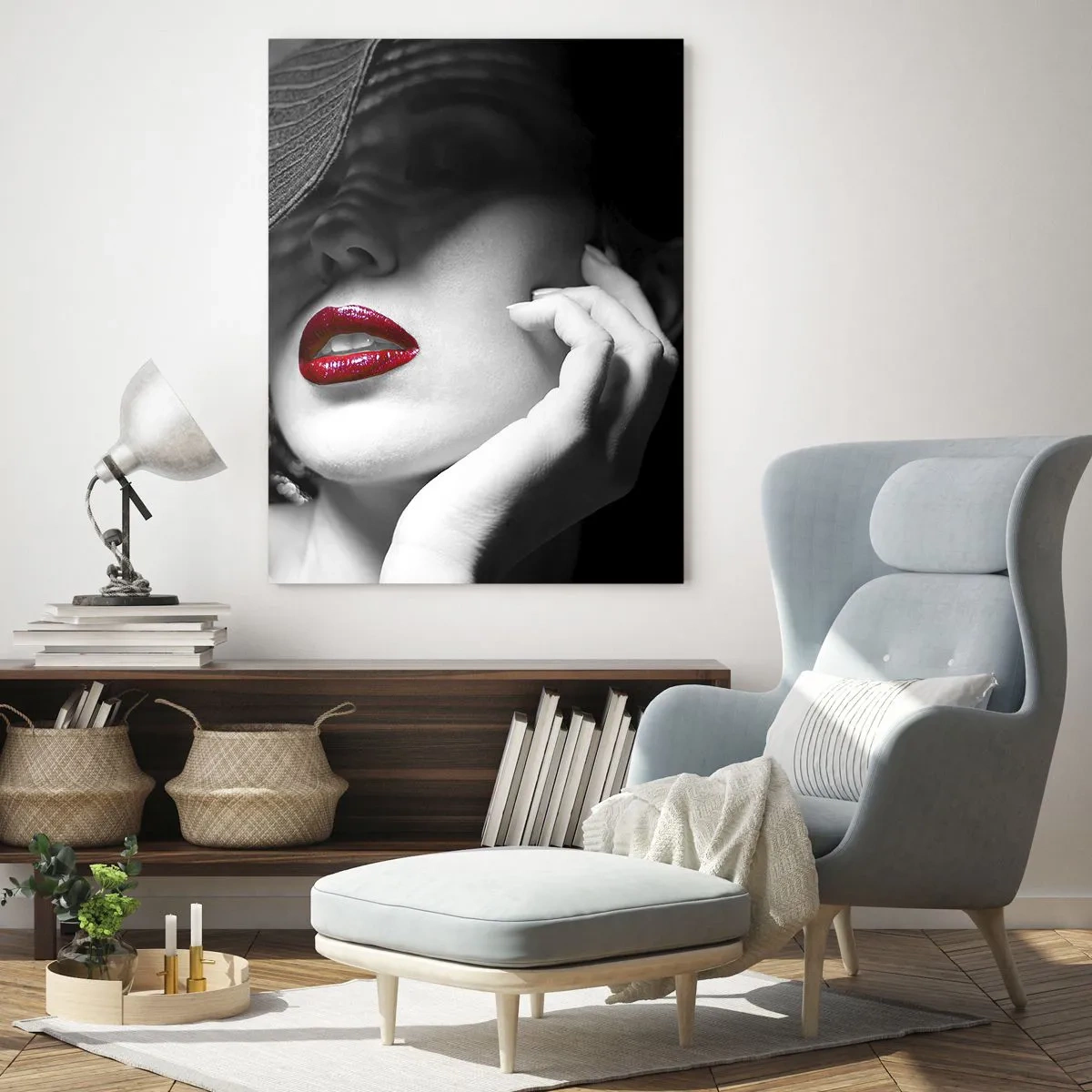 Cuadro sobre vidrio - Impresiones sobre Vidrio - Composición en blanco y negro con acento de labios rojos. - 50x70cm - Estudio en escarlata - Decoración de pared moderna para salón y dormitorio ARTTOR