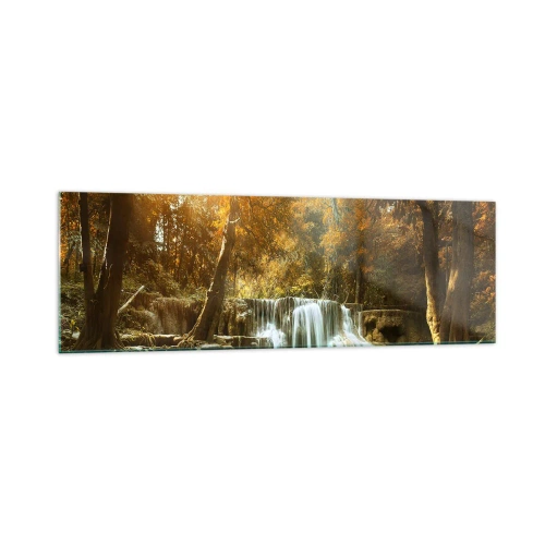 Cuadro sobre vidrio - Impresiones sobre Vidrio - Paisaje otoñal con cascada - 160x50cm - Una cascada en el parque - Decoración de pared moderna para salón y dormitorio ARTTOR