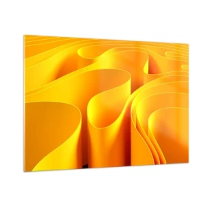 Cuadro sobre vidrio - Impresiones sobre Vidrio - Ondas abstractas en tonos dorados y naranjas. - 100x70cm - Como las olas del sol - Decoración de pared moderna para salón y dormitorio ARTTOR