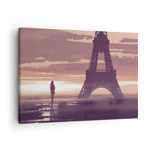 Cuadro sobre lienzo - Impresión de Imagen - Una figura mirando la Torre Eiffel a la luz del sol poniente. - 70x50cm - Sólo ellas dos - Decoración de pared moderna para salón y dormitorio ARTTOR