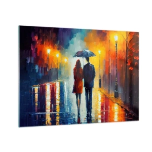Cuadro sobre vidrio - Impresiones sobre Vidrio - Una pareja bajo un paraguas en una calle colorida de noche bajo la lluvia. - 70x50cm - Juntos en una noche llena de color - Decoración de pared moderna para salón y dormitorio ARTTOR
