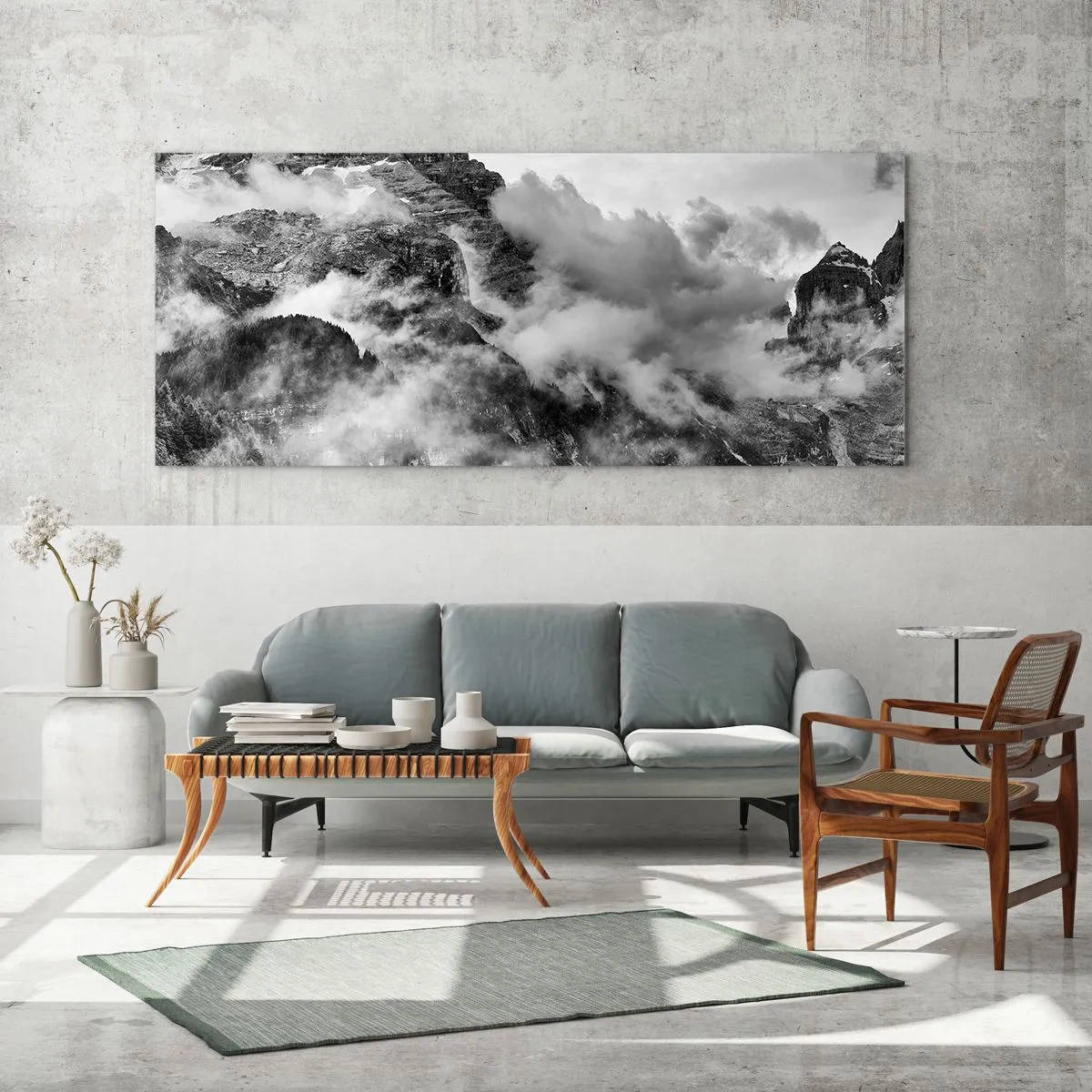 Cuadro sobre vidrio - Impresiones sobre Vidrio - Vista en blanco y negro de montañas rodeadas de nubes. - 160x50cm - Hermoso y cruel - Decoración de pared moderna para salón y dormitorio ARTTOR
