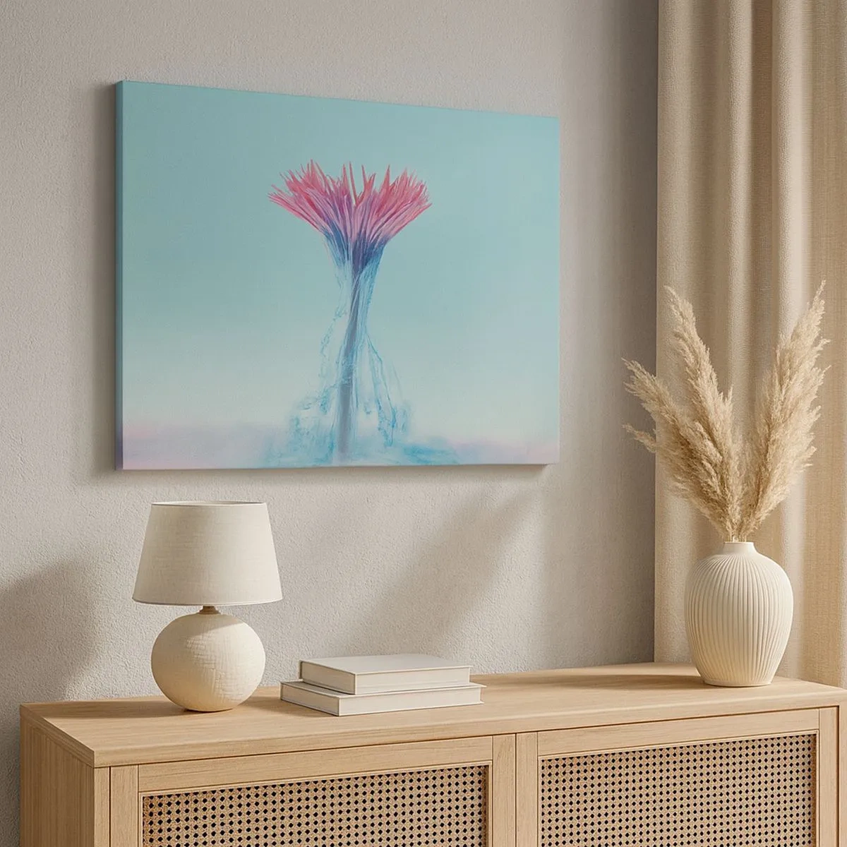 Cuadro sobre lienzo - Impresión de Imagen - Una flor rosa y azul en un arreglo artístico sobre un fondo pastel. - 70x50cm - En un abrazo vigorizante - Decoración de pared moderna para salón y dormitorio ARTTOR