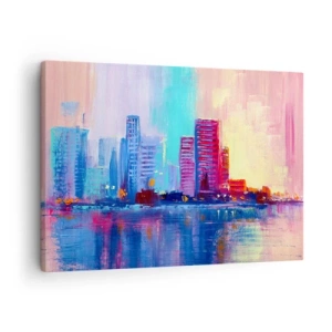 Cuadro sobre lienzo - Impresión de Imagen - Un panorama colorido de la ciudad en estilo acuarela. - 70x50cm - Bañado en color - Decoración de pared moderna para salón y dormitorio ARTTOR