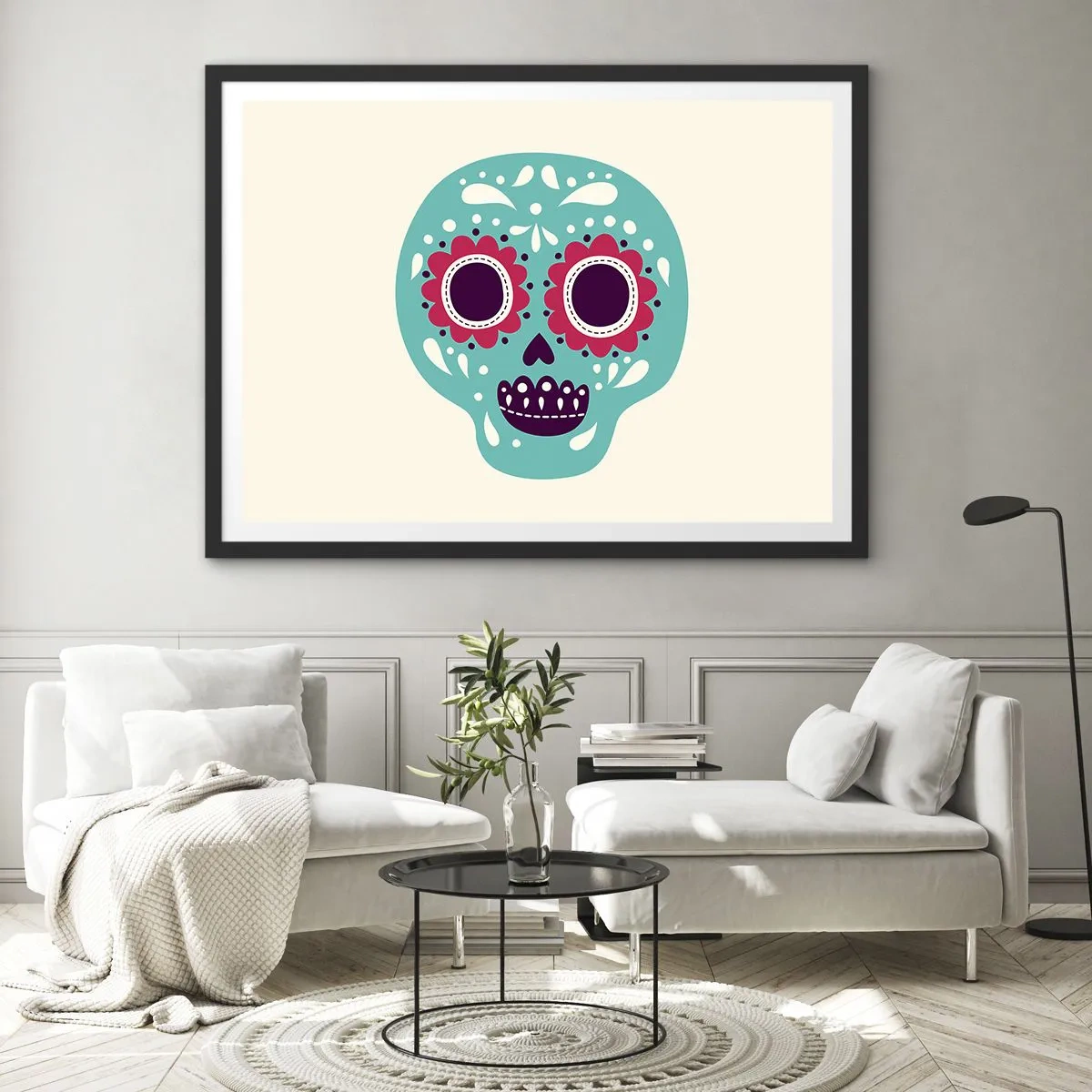 Póster en marco negro - Una calavera de azúcar turquesa y morada inspirada en la cultura mexicana. - 100x70cm - La vida: diversión hasta la muerte - Decoración de pared moderna para salón y dormitorio ARTTOR