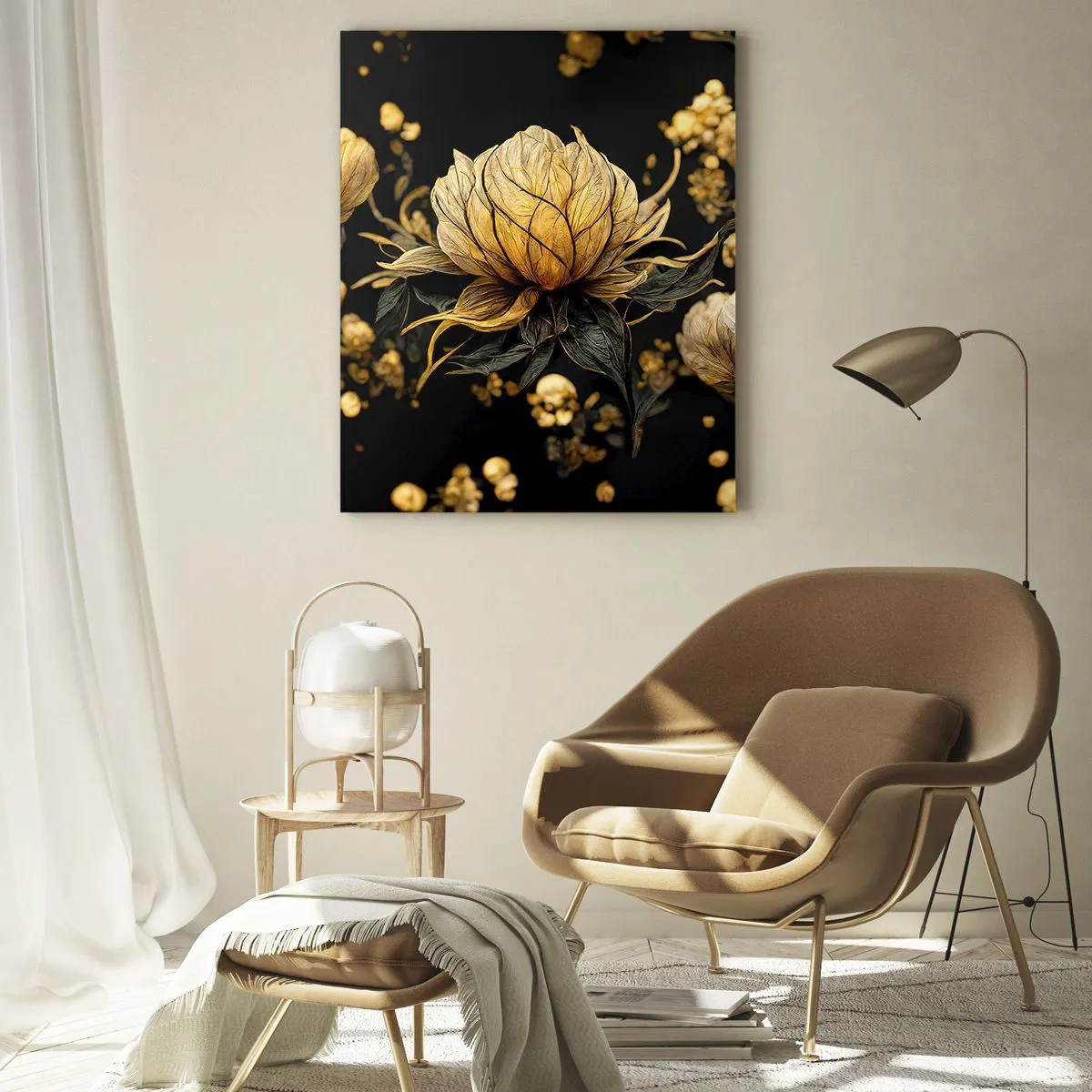 Cuadro sobre vidrio - Impresiones sobre Vidrio - Flor dorada sobre fondo oscuro - 70x100cm - Sutil fragilidad - Decoración de pared moderna para salón y dormitorio ARTTOR