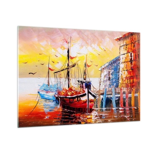 Cuadro sobre vidrio - Impresiones sobre Vidrio - Veleros coloridos al atardecer - 100x70cm - Feliz regreso - Decoración de pared moderna para salón y dormitorio ARTTOR