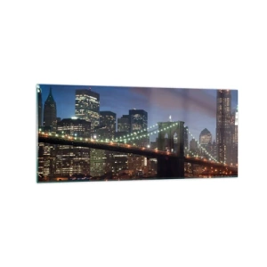 Cuadro sobre vidrio - Impresiones sobre Vidrio - Puente de la ciudad de Nueva York de noche con edificios iluminados - 120x50cm - Una noche iluminada - Decoración de pared moderna para salón y dormitorio ARTTOR