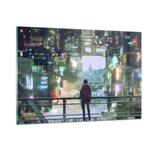 Cuadro sobre vidrio - Impresiones sobre Vidrio - Una figura sobre el fondo de una ciudad futurista con vistas al casco antiguo. - 120x80cm - Dos mundos - Decoración de pared moderna para salón y dormitorio ARTTOR