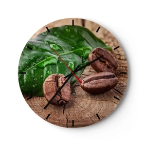 Reloj de pared - Reloj de vidrio - Granos de café y hojas verdes sobre un fondo de madera - 30x30cm - El auténtico y negro - Decoración de pared moderna para salón, cocina y dormitorio ARTTOR