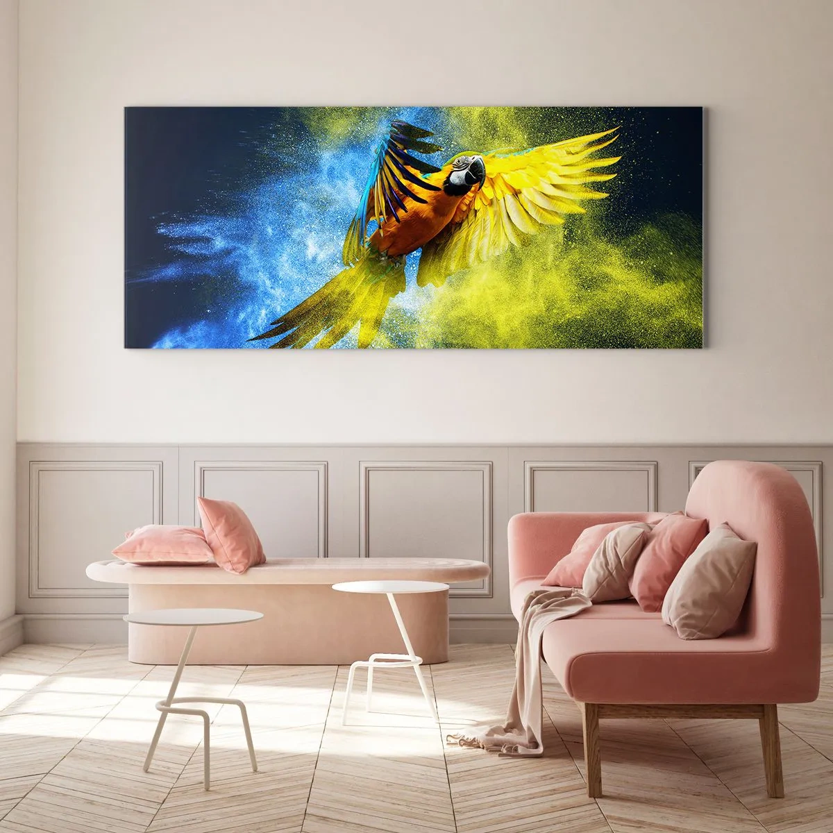 Cuadro sobre vidrio - Impresiones sobre Vidrio - Un loro en vuelo sobre un fondo de explosiones de colores amarillo y azul. - 160x50cm - En polvo azul y dorado - Decoración de pared moderna para salón y dormitorio ARTTOR