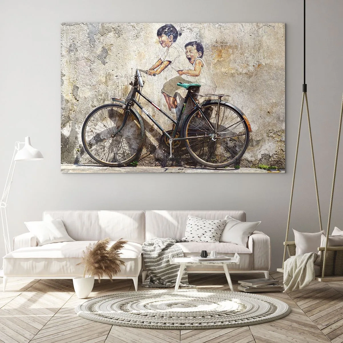 Cuadro sobre vidrio - Impresiones sobre Vidrio - Un mural con una bicicleta y figuras de niños sobre un fondo de pared. - 120x80cm - ¿Verdadero o falso? - Decoración de pared moderna para salón y dormitorio ARTTOR