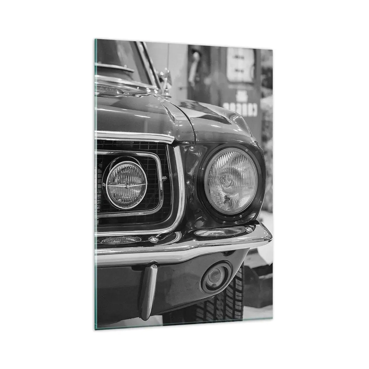 Cuadro sobre vidrio - Impresiones sobre Vidrio - Capó de coche clásico en blanco y negro - 80x120cm - Paseo rudo - Decoración de pared moderna para salón y dormitorio ARTTOR
