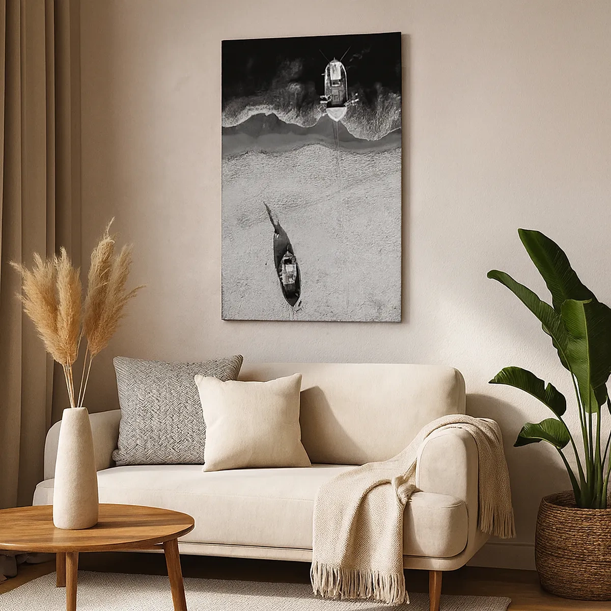 Cuadro sobre lienzo - Impresión de Imagen - Vista aérea en blanco y negro de barcos en la playa. - 50x70cm - Aún en la orilla... - Decoración de pared moderna para salón y dormitorio ARTTOR