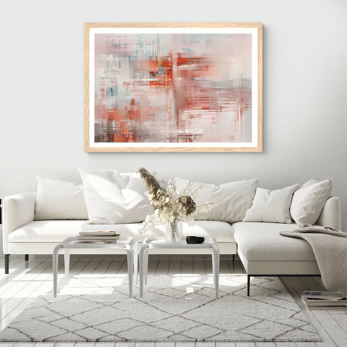 Póster en marco roble claro - Niebla rosa - 70x50 cm