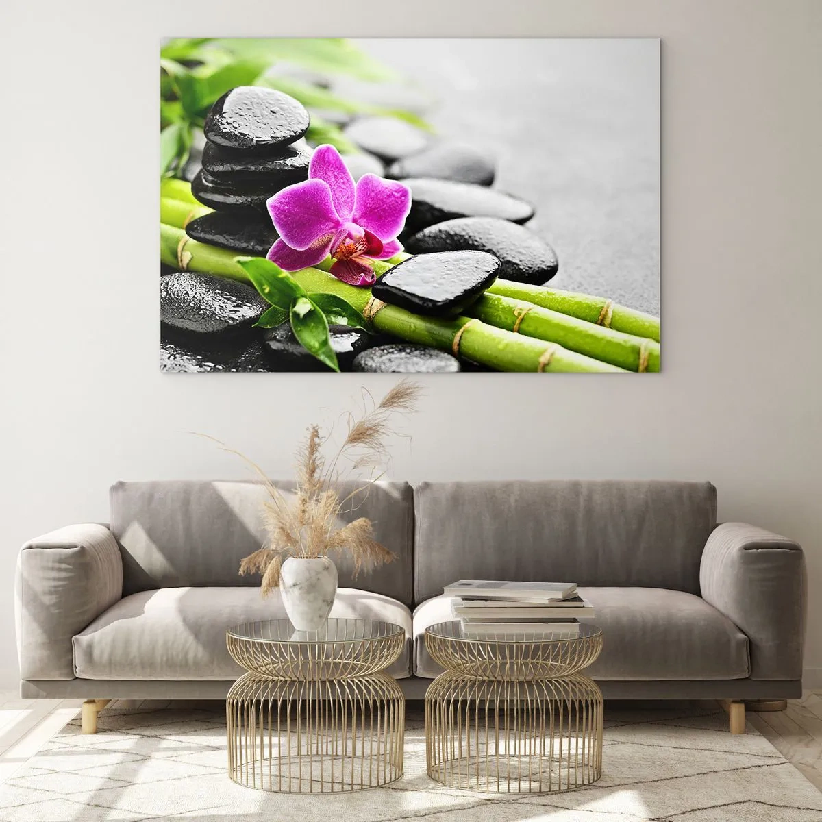 Cuadro sobre vidrio - Impresiones sobre Vidrio - Orquídea, piedras negras y bambú en un arreglo tranquilo. - 70x50cm - En equilibrio pacífico - Decoración de pared moderna para salón y dormitorio ARTTOR