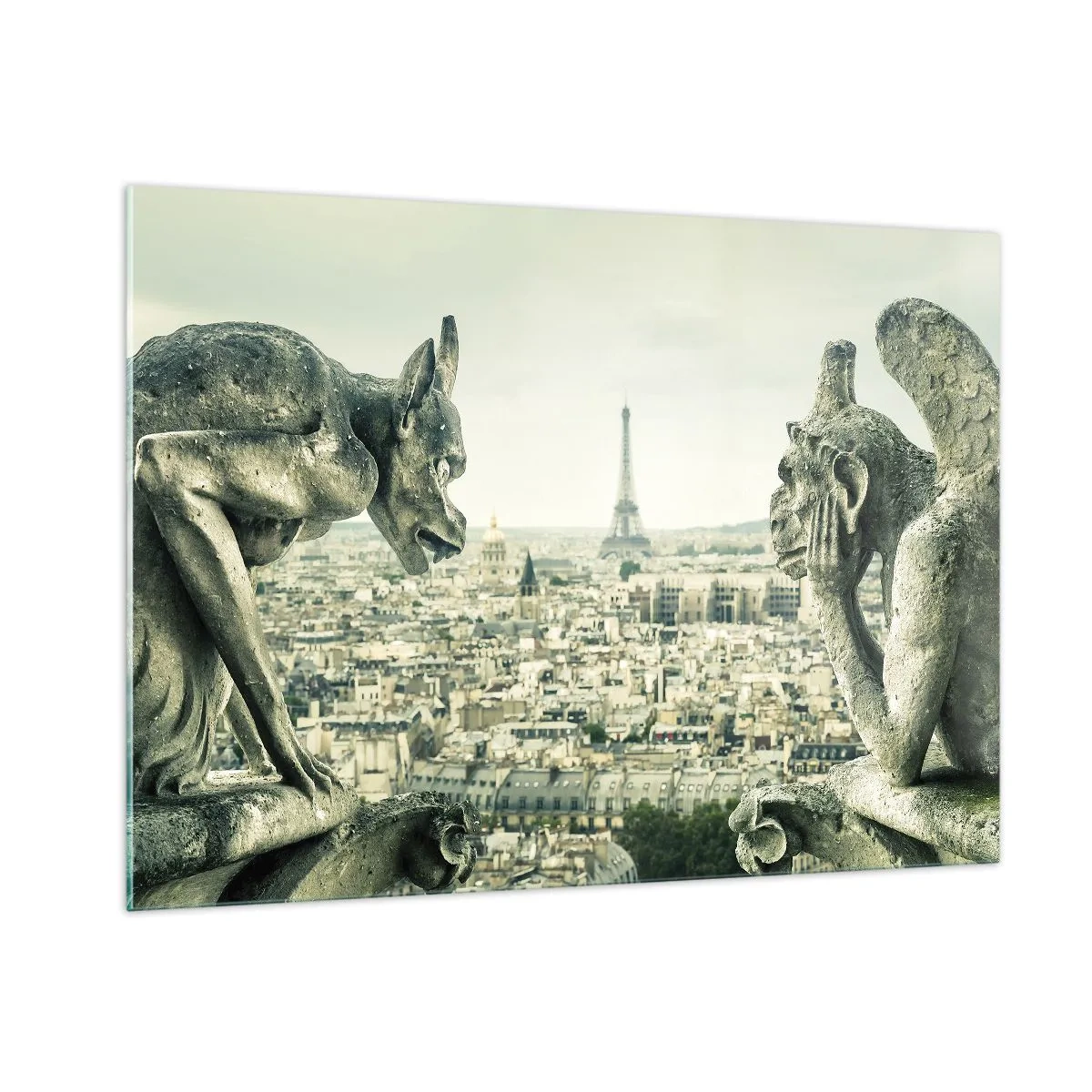 Cuadro sobre vidrio - Impresiones sobre Vidrio - Gárgolas sobre París con vistas a la Torre Eiffel - 100x70cm - Charlas parisinas - Decoración de pared moderna para salón y dormitorio ARTTOR