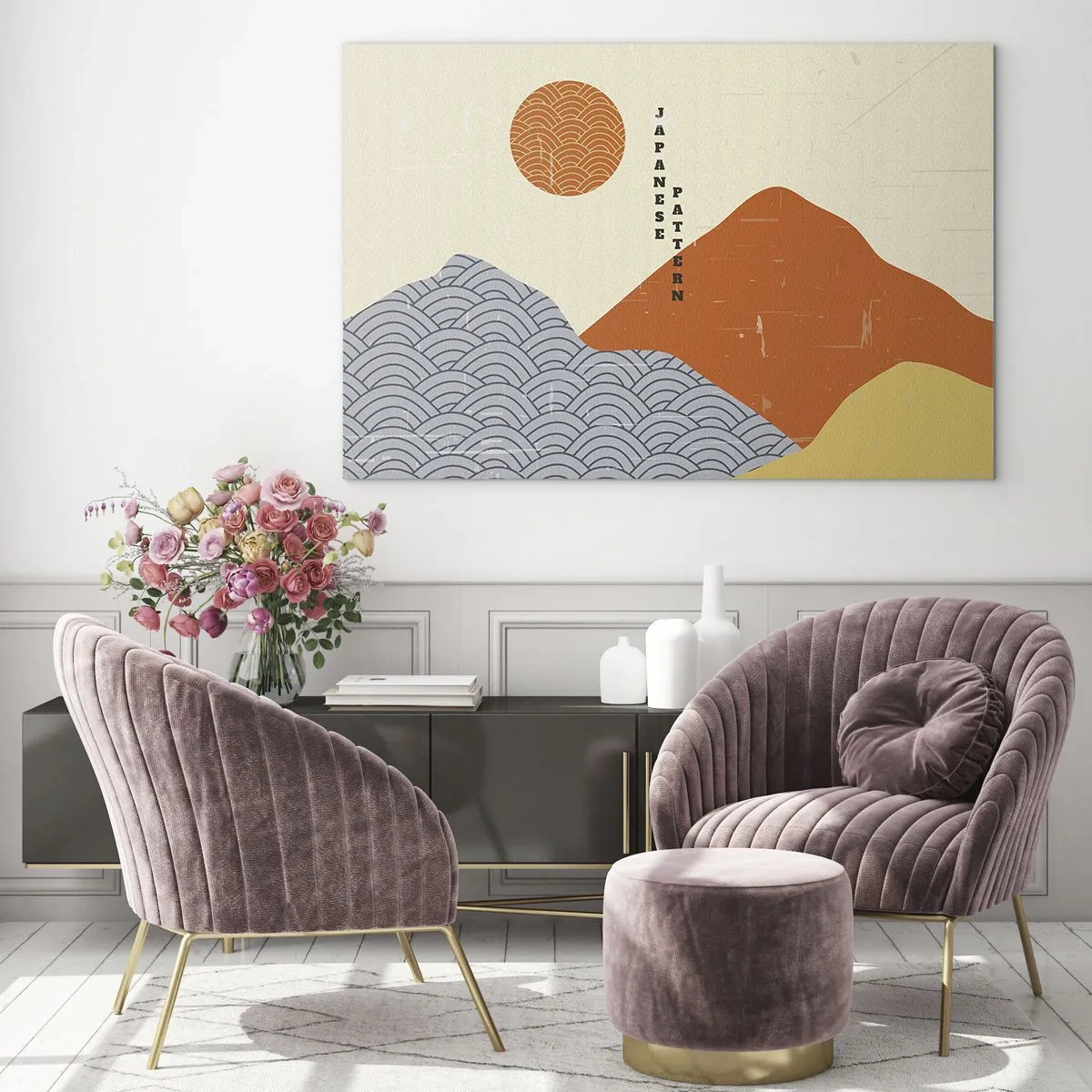 Cuadro sobre vidrio - Impresiones sobre Vidrio - Gráficos con patrones japoneses de montañas y sol. - 70x50cm - En el espíritu japonés - Decoración de pared moderna para salón y dormitorio ARTTOR