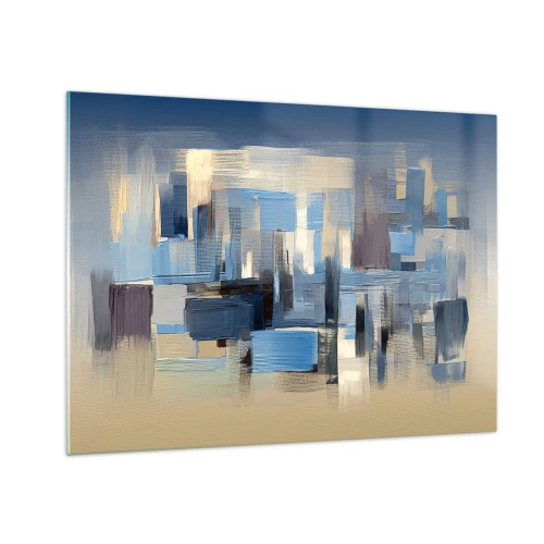 Cuadro sobre vidrio - Impresiones sobre Vidrio - Pinceladas geométricas en tonos azules y beige - 70x50cm - Construcción azul - Decoración de pared moderna para salón y dormitorio ARTTOR