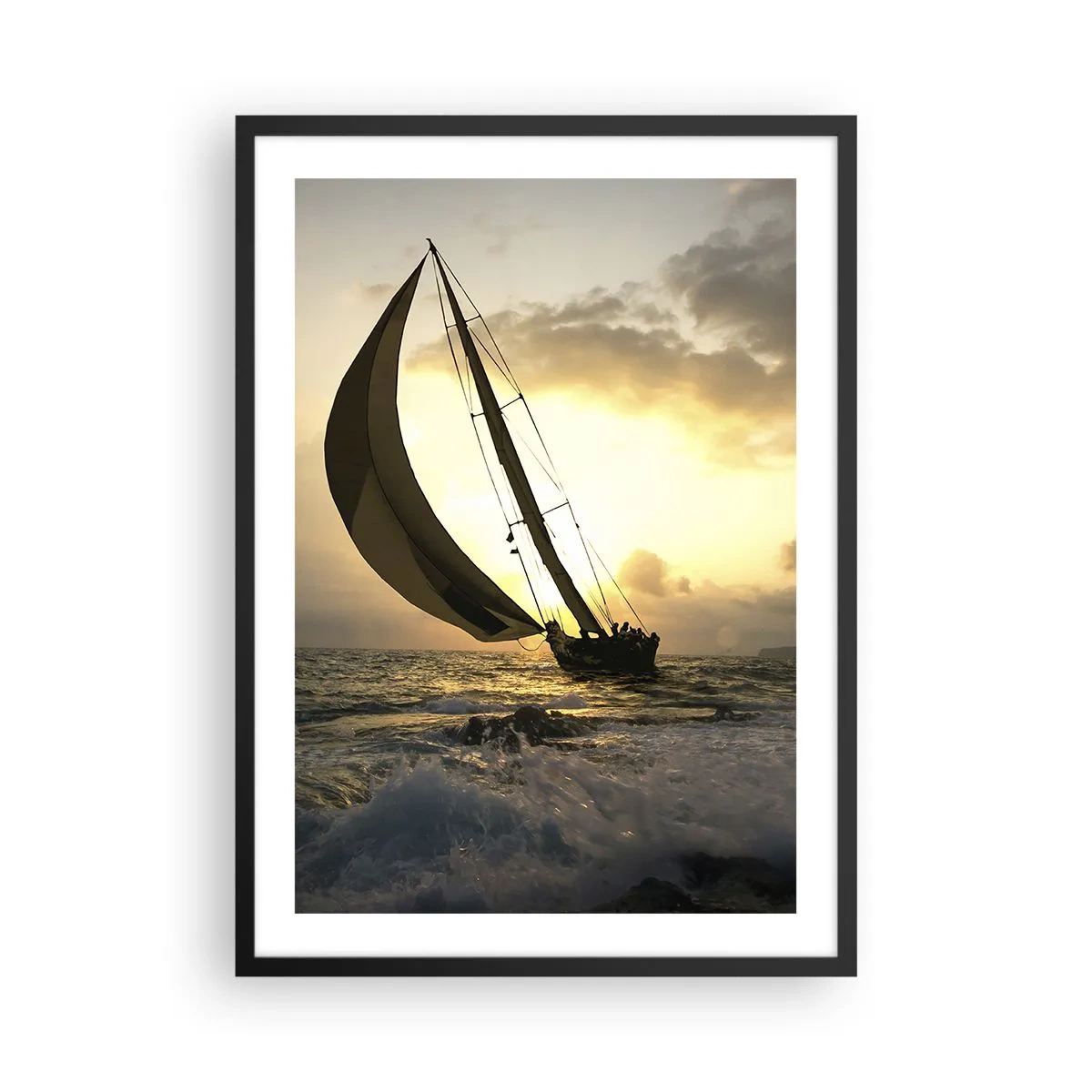 Póster en marco negro - Un velero en un mar tempestuoso a la luz del sol poniente. - 50x70cm - En contra y a favor del viento - Decoración de pared moderna para salón y dormitorio ARTTOR